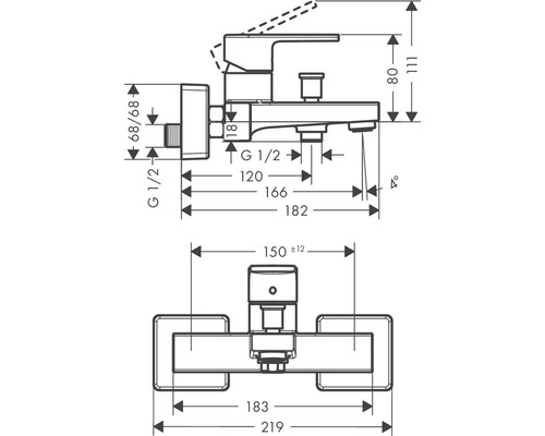 Dessin technique d''un robinet de salle de bain avec dimensions