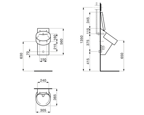 Technische Zeichnung eines Urinals mit Maßangaben für die Installation.