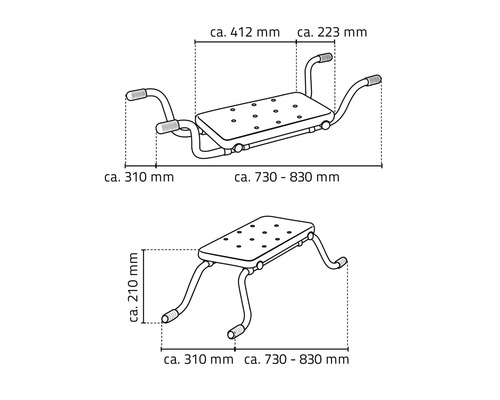 Schéma technique d''un tabouret de douche avec indications de dimensions
