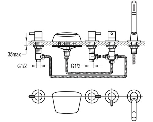 Skizze einer Badezimmerarmatur mit Abmessungen und Anschlüssen