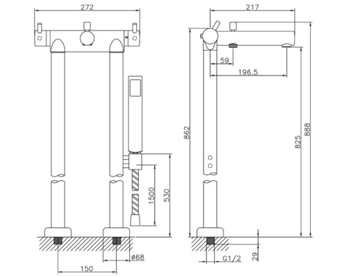 Masszeichnung einer freistehenden Badewannenarmatur mit Handbrause und Massangaben