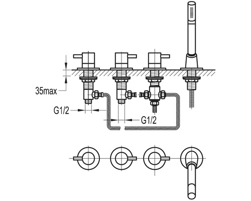 Technische Zeichnung einer Armatur mit Wasseranschlüssen und Maßangaben