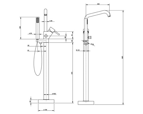 Technische Zeichnung einer freistehenden Badewannenarmatur mit Handbrause und Maßangaben