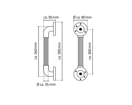 Technische Zeichnung eines Haltegriffs mit Maßangaben.