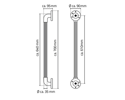 Technische Zeichnung von zwei Stangengriffen mit Maßangaben