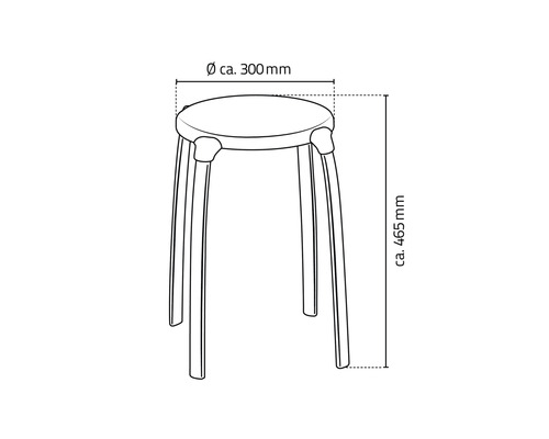 Skizze eines Hockers mit den Massangaben circa 300 Millimeter Durchmesser und circa 465 Millimeter Höhe
