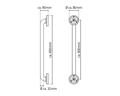 Technische Zeichnung eines Haltegriffs mit Maßangaben