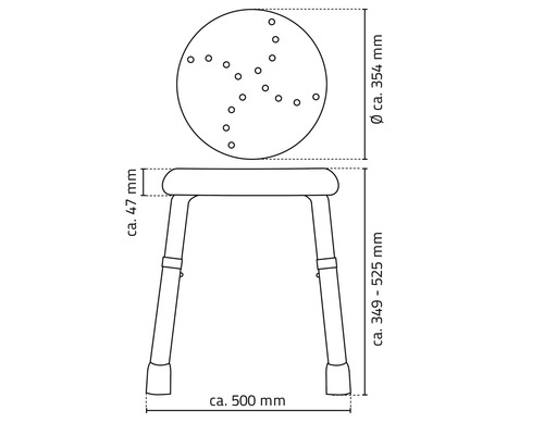 Dessin technique d''un tabouret de douche avec dimensions