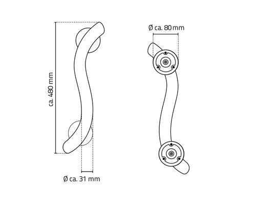 Technische Zeichnung eines Haltegriffs mit den Maßen circa 480 Millimeter Länge und circa 31 Millimeter Durchmesser des Griffs sowie circa 80 Millimeter Durchmesser der Rosette