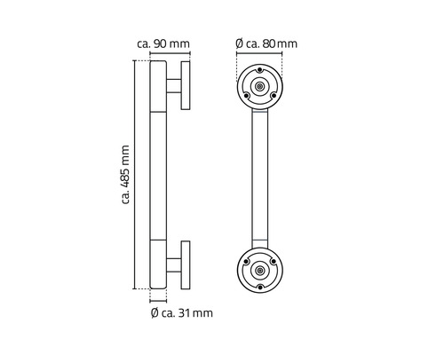 Technische Zeichnung eines Türgriffs mit Massangaben
