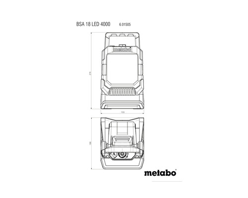 Logo Metabo avec dessins techniques d''un projecteur de chantier BSA 18 LED 4000