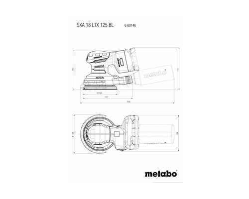 Schéma technique de la ponceuse excentrique sans fil Metabo SXA 18 LTX 125 BL avec indications de dimensions