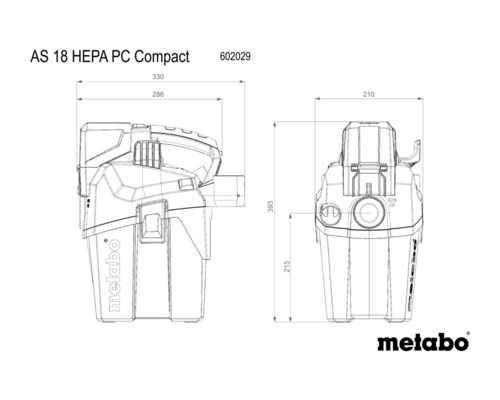 Schéma technique de l''aspirateur sans fil Metabo AS 18 HEPA PC Compact avec dimensions