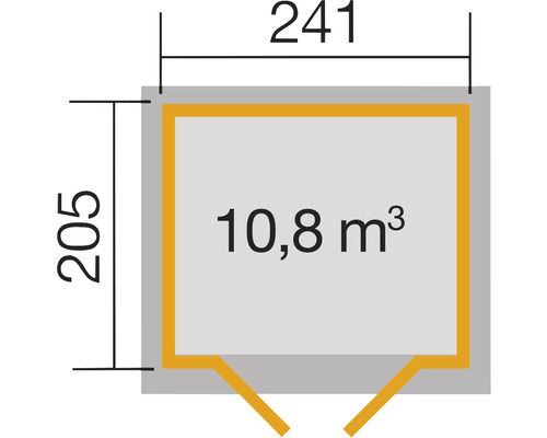 Grundrisszeichnung mit den Maßen 241 mal 205 und einem Rauminhalt von 10,8 Kubikmetern