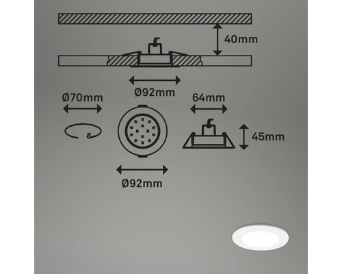 Dessin technique d''un spot LED rond encastrable avec indication des dimensions