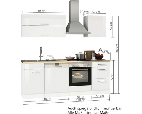 Cuisine équipée avec évier, lave-vaisselle, plaque de cuisson, four, hotte aspirante et éléments hauts, avec dimensions indiquées