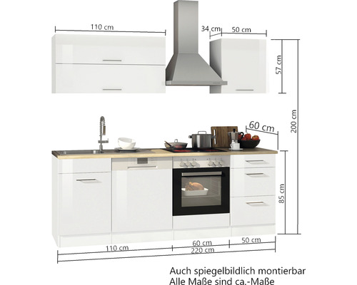 Cuisine complète avec évier, lave-vaisselle, cuisinière, four, hotte aspirante et meubles hauts