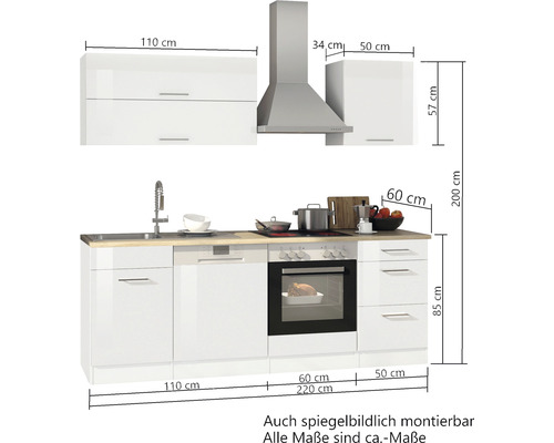Cuisine équipée avec éléments hauts, hotte aspirante, évier, lave-vaisselle, cuisinière et four avec dimensions indiquées