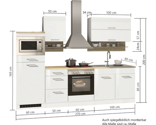 Cuisine avec évier, cuisinière, four, micro-ondes et hotte aspirante avec dimensions