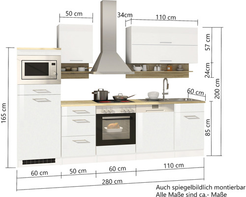 Küchenzeile mit Einbauschränken, Spüle, Dunstabzugshaube und Elektrogeräten mit Massangaben