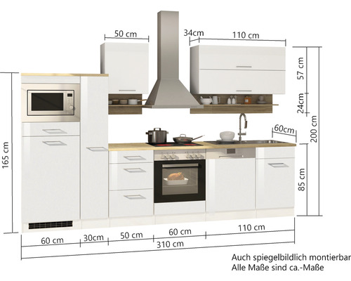 Cuisine équipée avec éléments hauts, évier, cuisinière et hotte aspirante avec dimensions