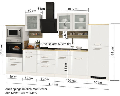 Cuisine équipée avec appareils électriques et indications de dimensions