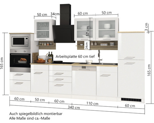 Cuisine complète avec dimensions, comprenant des appareils électriques et un évier.