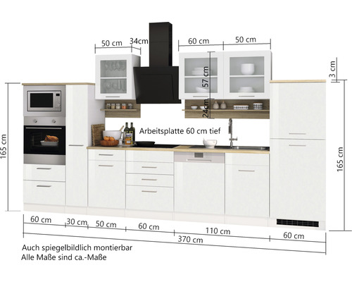 Küchenzeile mit Elektrogeräten und Massangaben