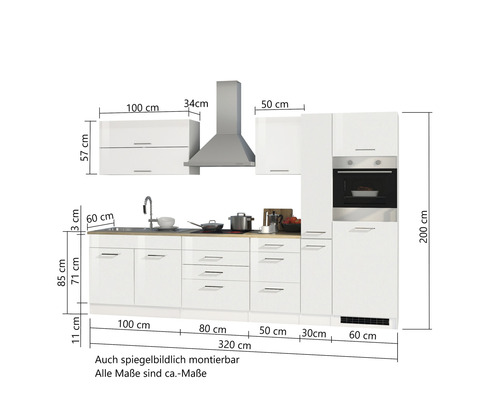 Küchenzeile mit Spüle, Dunstabzugshaube und Maßen