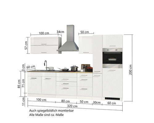 Cuisine complète avec évier, cuisinière et hotte aspirante ainsi que des indications de dimension