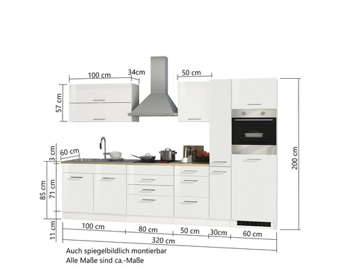 Cuisine équipée avec évier, hotte aspirante et appareils électriques avec dimensions