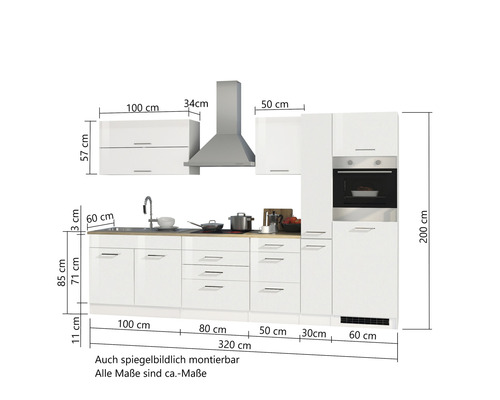 Cuisine linéaire avec évier, hotte aspirante et four encastrable avec dimensions