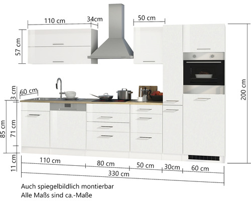 Cuisine équipée avec évier, plaque de cuisson, hotte aspirante, lave-vaisselle et four encastrable avec indications de dimensions