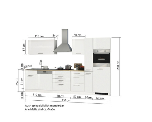 Cuisine complète avec évier, lave-vaisselle, cuisinière et hotte aspirante avec dimensions.