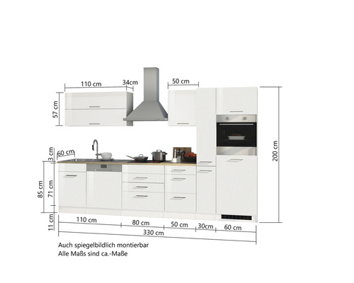 Cuisine équipée avec évier, hotte et four encastrable avec dimensions