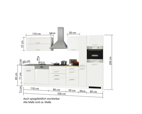 Cuisine blanche complète avec éléments hauts, hotte aspirante, évier, plan de travail et four intégré avec dimensions