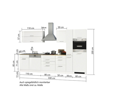 Cuisine équipée avec éléments hauts, hotte aspirante et appareils électriques avec dimensions