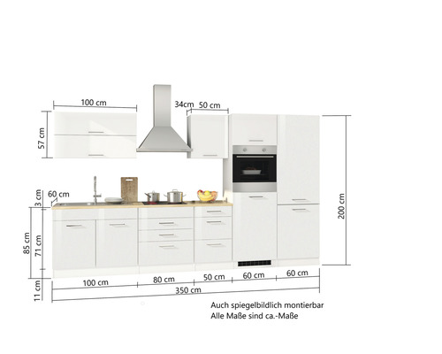 Cuisine complète avec armoires de cuisine, hotte aspirante et four intégré, dimensions incluses