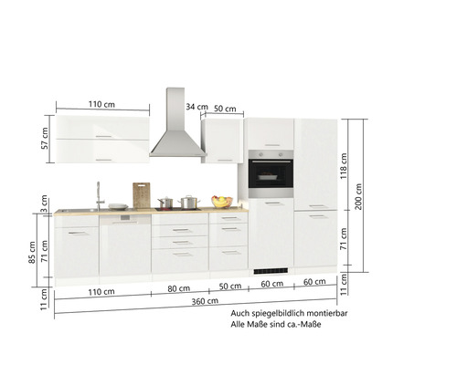 Cuisine linéaire avec éléments hauts et bas et hotte aspirante avec indications de dimensions