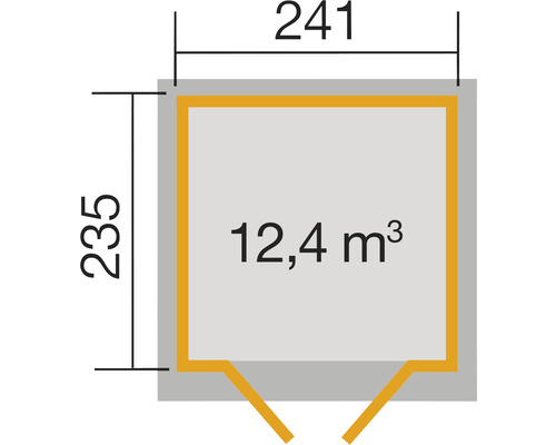 Plan d''un abri de jardin mesurant 241 sur 235 centimètres et d''un volume de 12,4 mètres cubes
