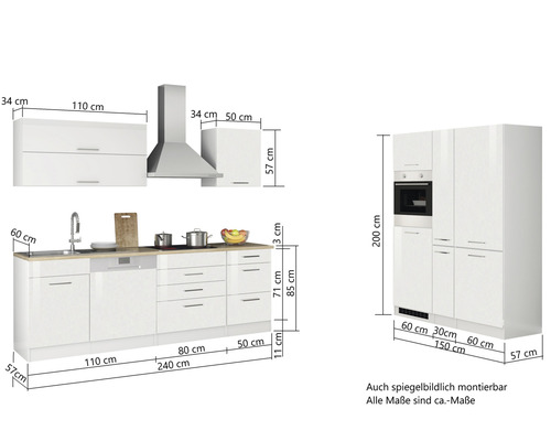 Cuisine équipée avec éléments hauts, hotte aspirante et armoire encastrable avec four, dimensions
