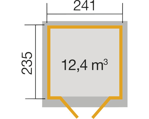 Plan avec les dimensions 241 sur 235 et le volume 12,4 mètres cubes