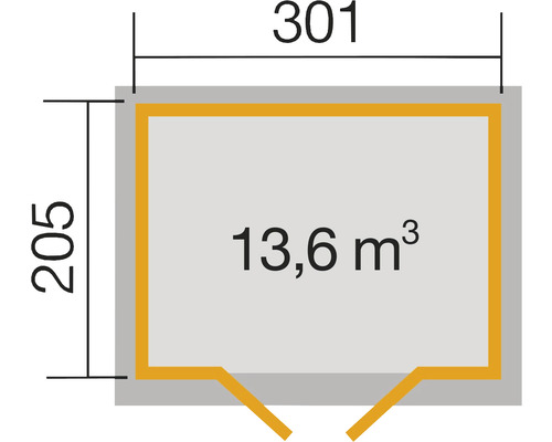 Plan avec dimensions 301 sur 205 et volume 13,6 mètres cubes
