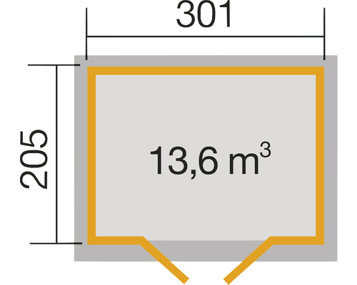 Grundriss mit den Maßen 301 x 205 cm und einem Raumvolumen von 13,6 Kubikmeter