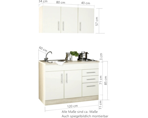 Küchenzeile mit Spüle, Kochfeld und Hängeschrank mit Maßangaben