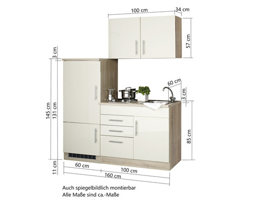 Kompakte Küchenzeile mit Spüle, Kochfeld und Oberschrank mit Massangaben