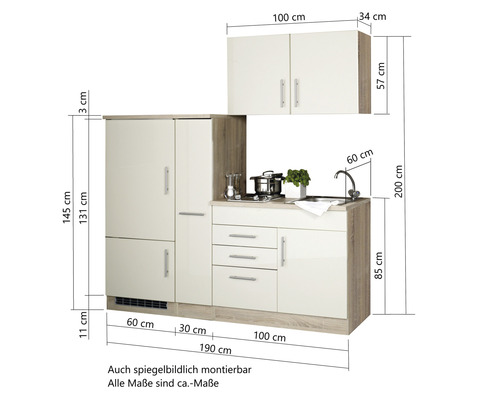 Cuisine équipée avec évier, plaque de cuisson, réfrigérateur et armoire suspendue avec dimensions