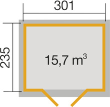 Grundriss mit den Maßen 301 mal 235 Zentimeter und einem Raumvolumen von 15,7 Kubikmetern