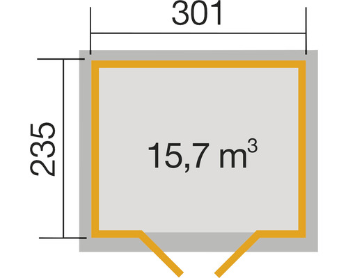 Grundriss mit den Maßen 301 mal 235 Zentimeter und einem Raumvolumen von 15,7 Kubikmetern