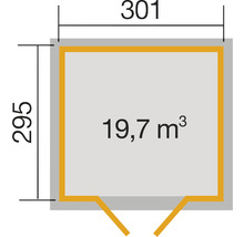 Schéma avec dimensions : 295 x 301 centimètres et 19,7 mètres cubes de volume